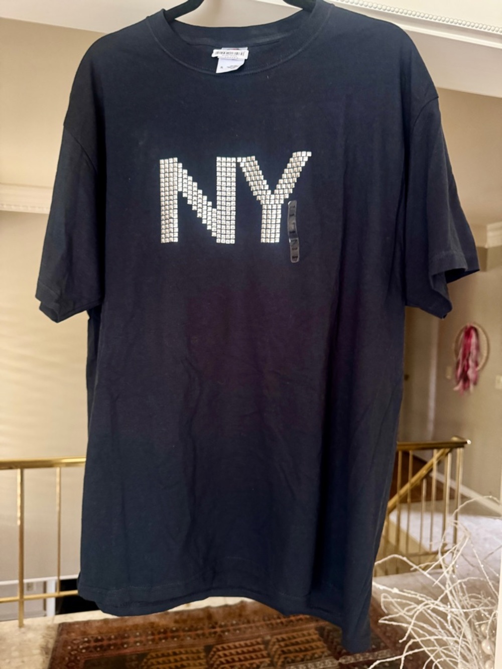 Fruit of the Loom Black Men's Tee with Rhinestone NY Graphic